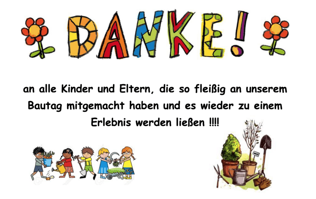 Gemaltes Bild mit dem Schriftzug „Danke” und einigen Kindern, die mit Bau- und Gartenwerkzeugen zu sehen sind. 