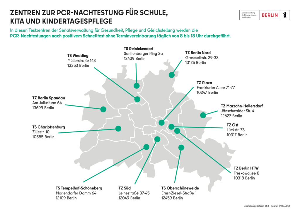 Karte von Berlin mit der Angabe von 12 Testzentren für PCR-Tests