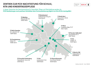 Karte von Berlin mit der Angabe von 12 Testzentren für PCR-Tests